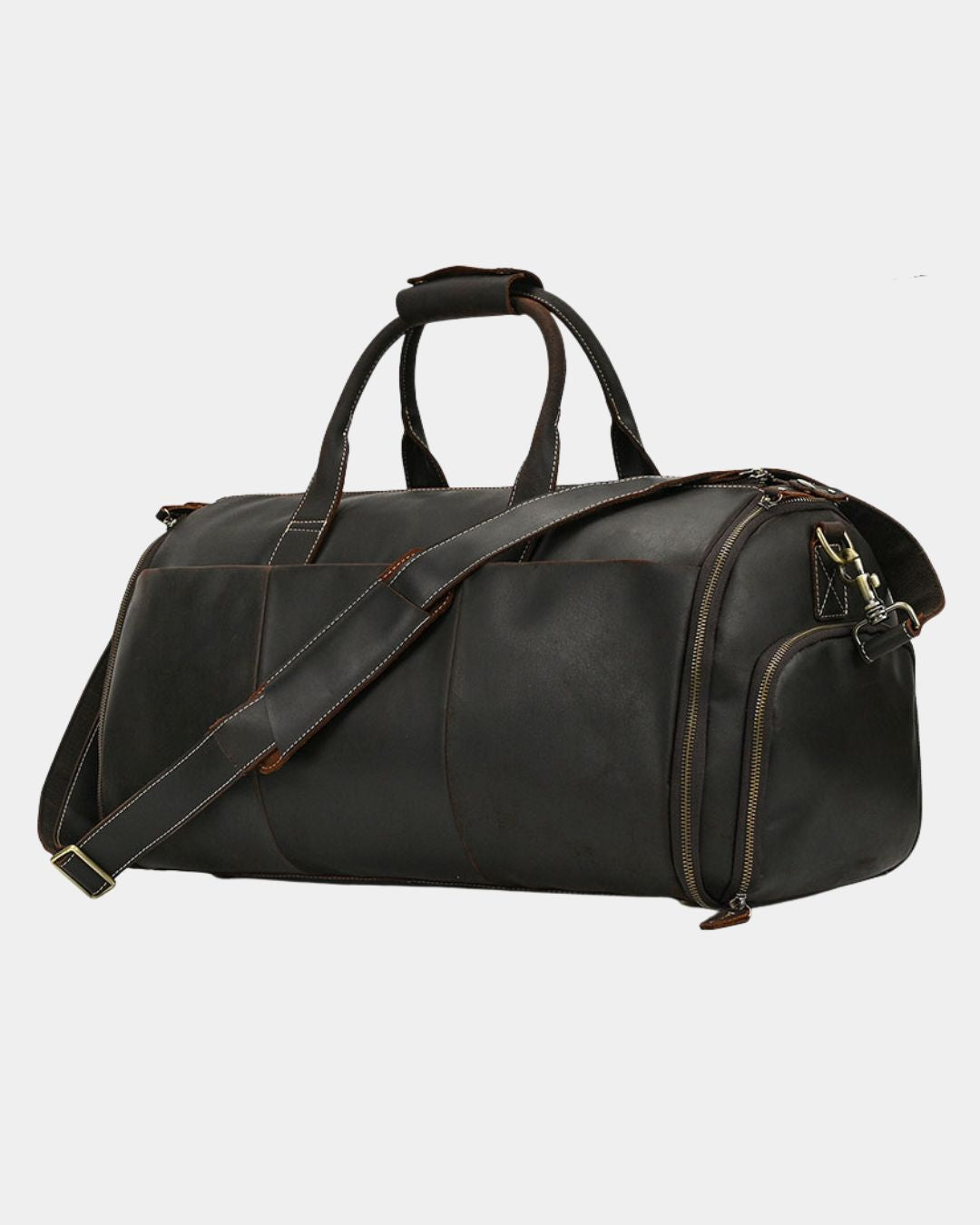 Dark brown Crazy Horse leather travel duffel bag with garment storage, side shoe compartment, and shoulder strap.