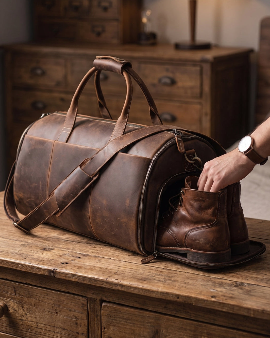 Brown Crazy Horse leather travel duffel with side shoe compartment and adjustable shoulder strap on a wooden table.