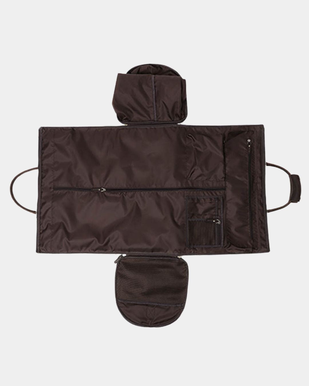 Brown leather travel duffel bag unfolded to show interior garment storage, pockets, and a dedicated shoe compartment.