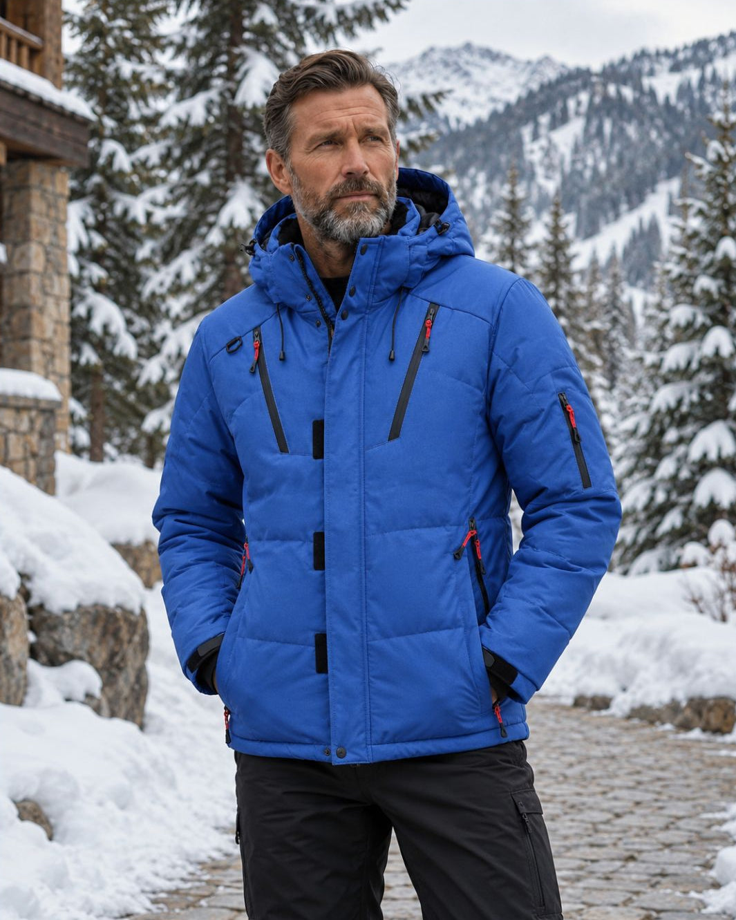Man wearing a blue insulated down puffer ski jacket with a detachable hood and zip pockets in a snowy mountain setting.