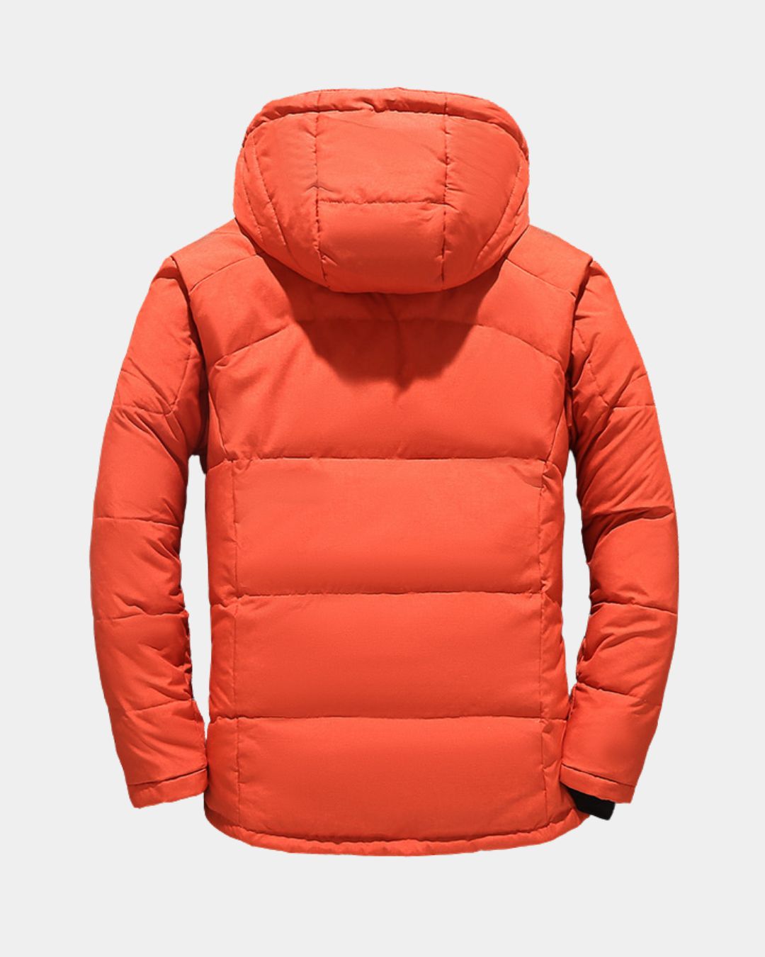 Back view of a bright orange men's down puffer ski jacket with a detachable hood and insulated padded construction.