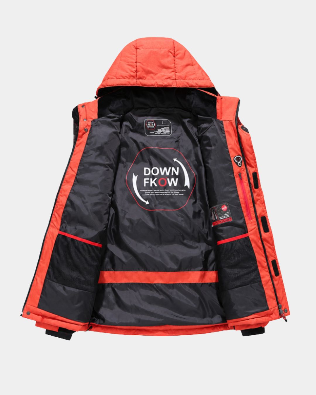 Orange men's down puffer ski jacket with a detachable hood and black interior lining featuring Down Fkow branding.