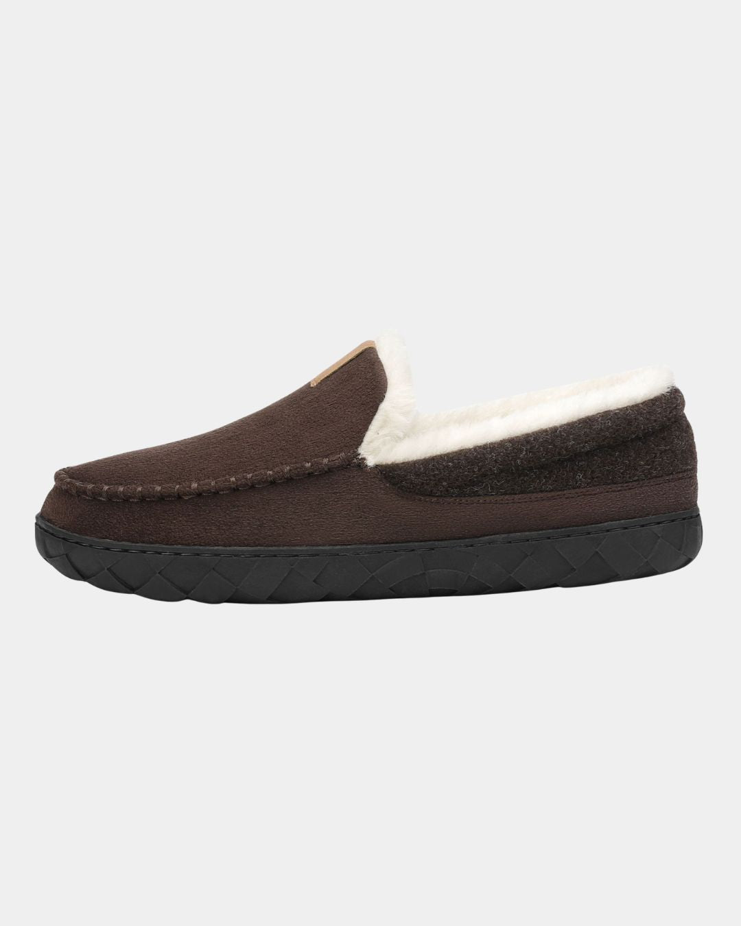 Brown men’s moccasin-style house slipper with a soft white fleece lining and a durable black textured rubber sole.