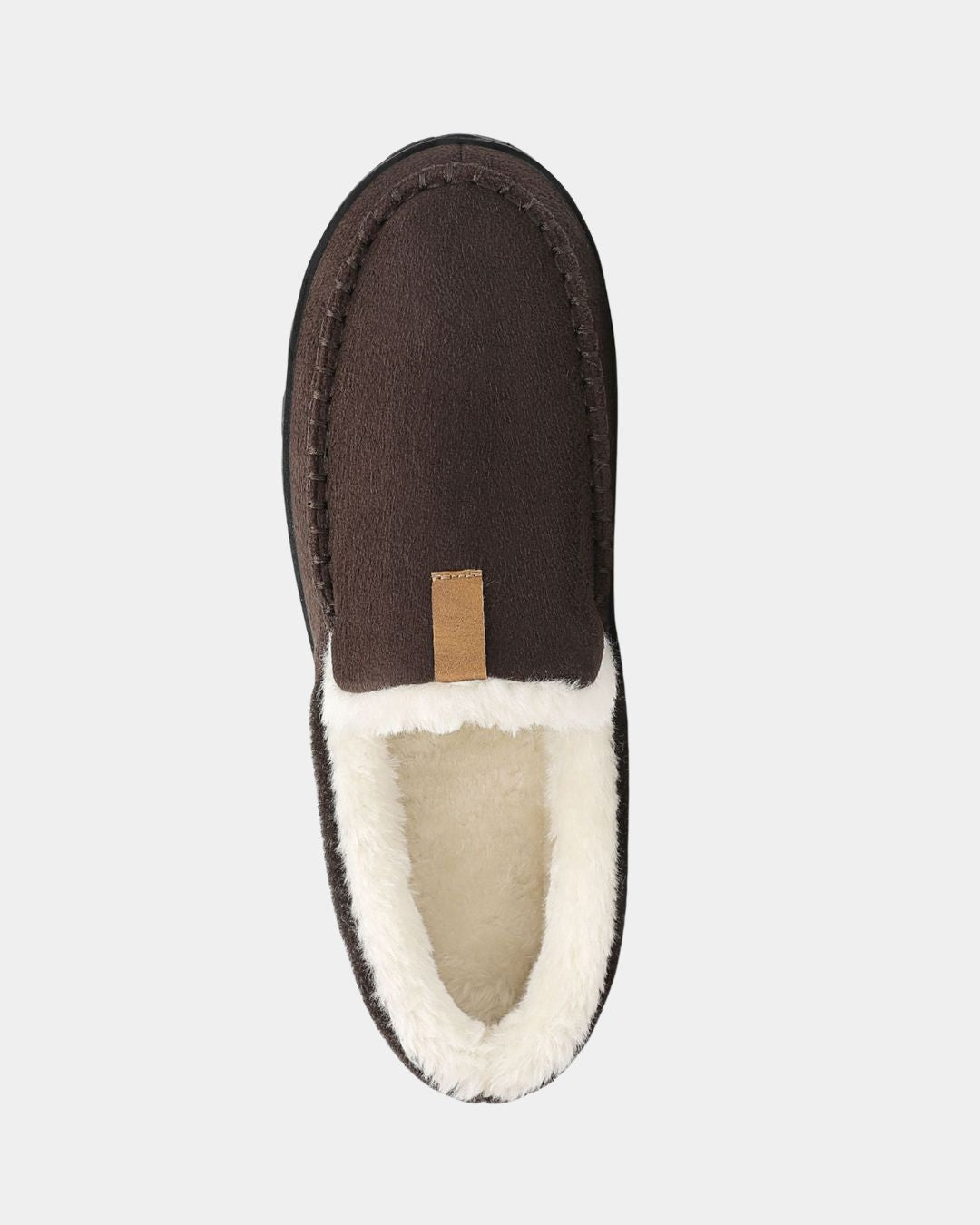 Dark brown men's moccasin-style house slipper with a soft white fleece lining and a durable rubber sole.