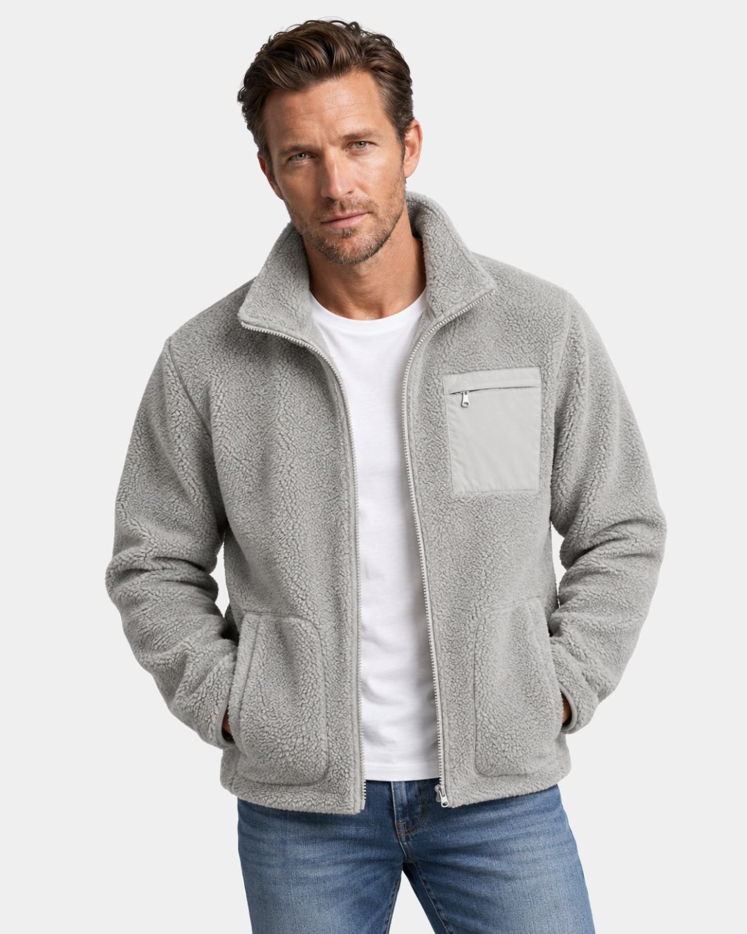 Men's grey full-zip teddy jacket in soft sherpa fleece with a high collar, chest zip pocket, and two side pockets.