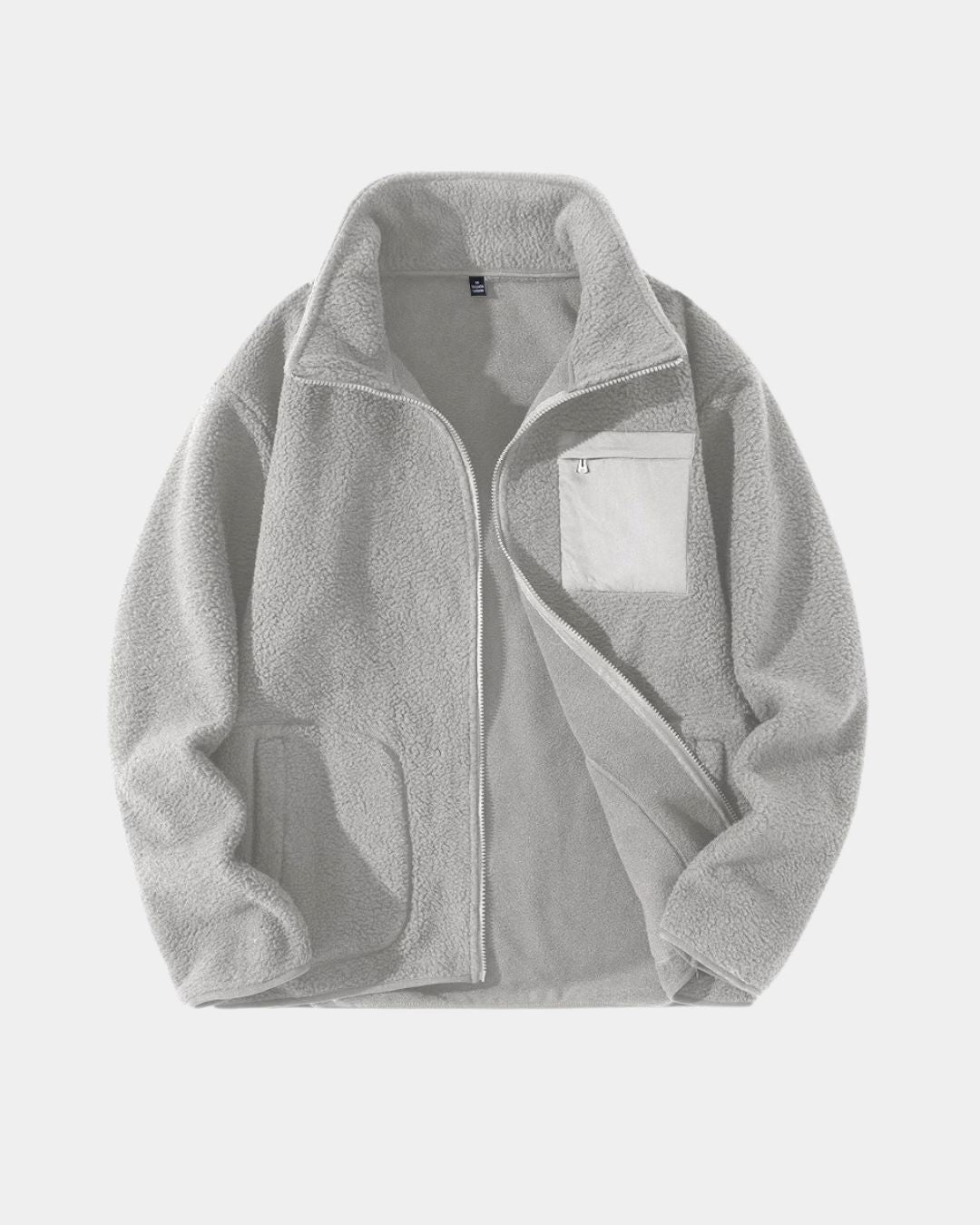 Men’s grey full-zip teddy jacket in soft sherpa fleece with a high collar, chest pocket, and relaxed fit.