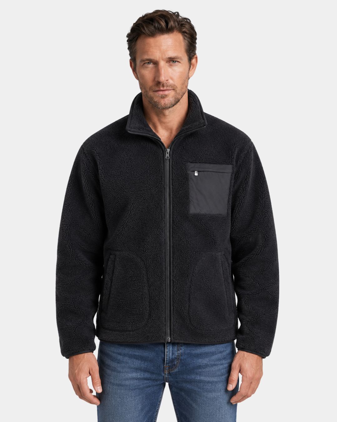 Men's black full-zip teddy sherpa fleece jacket with a high collar, chest zip pocket, and two side pockets.