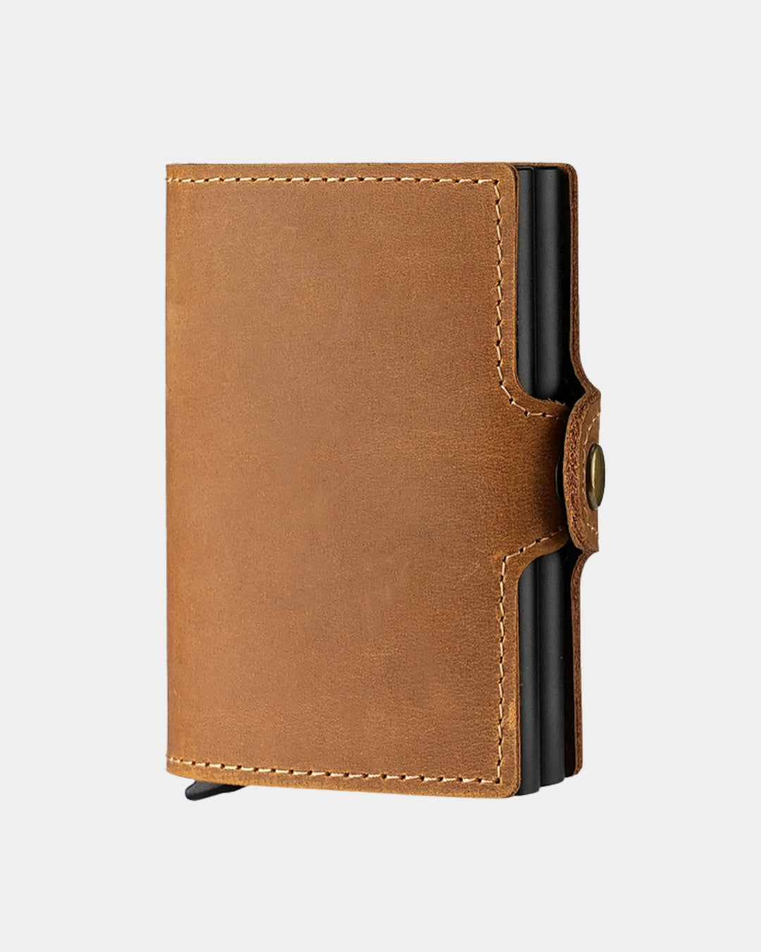 Compact tan genuine leather pop-up card wallet with a secure snap-button closure and black metal card holder mechanism.