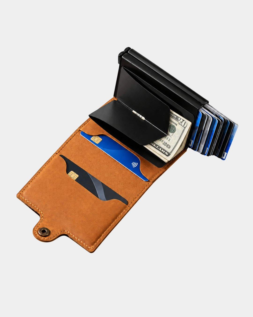Tan genuine leather pop-up wallet with a black metal card holder, cash compartment, and snap-button closure.