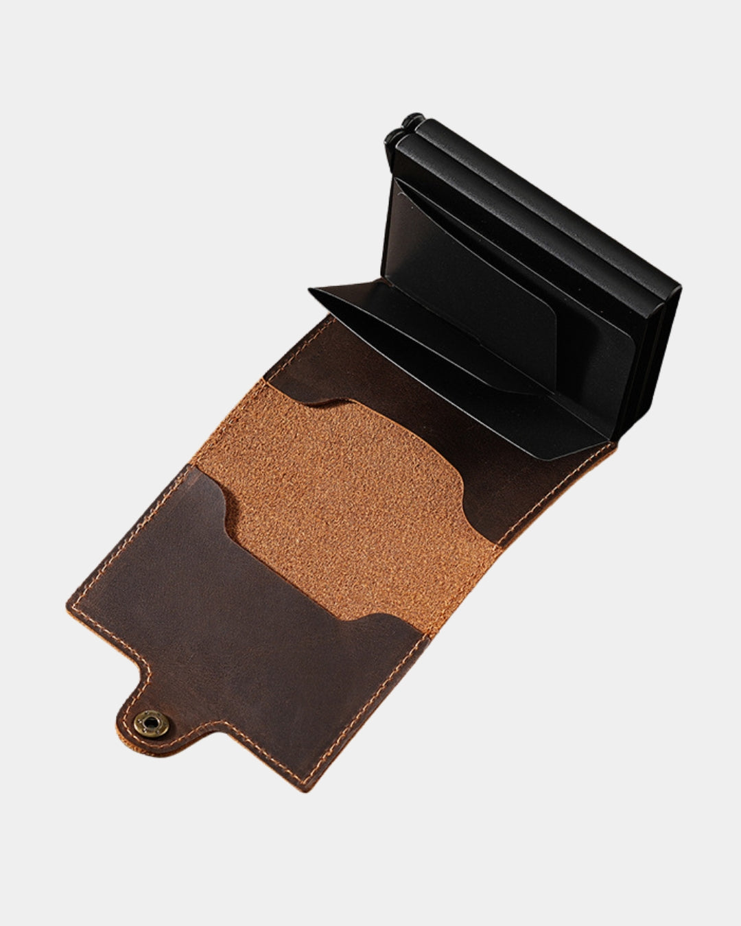 Brown genuine leather pop-up card wallet with a black metal card holder, snap-button closure, and interior card slots.