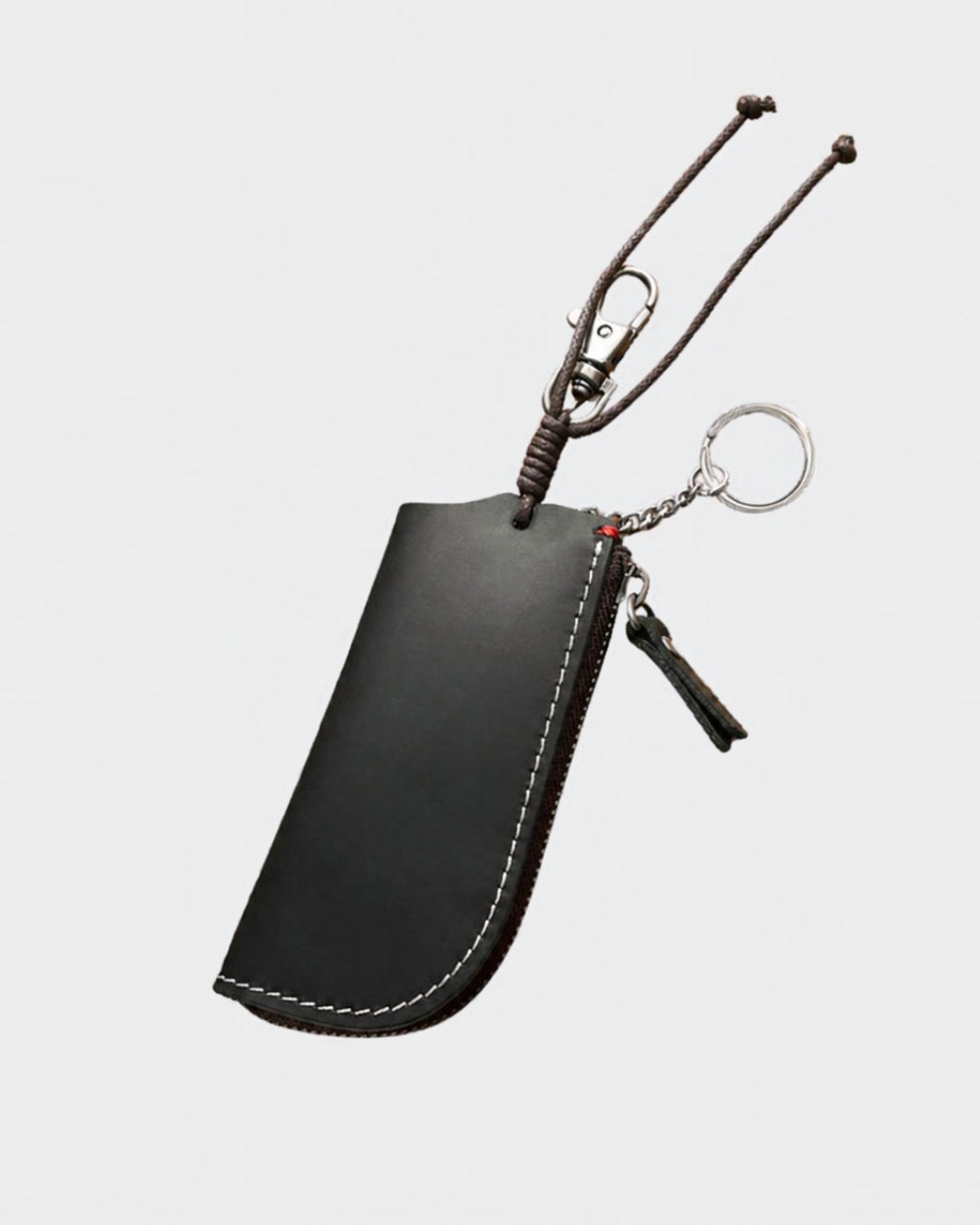 Black genuine cowhide leather key wallet with a zippered compartment, metal key ring, and a clip for belt loop attachment.