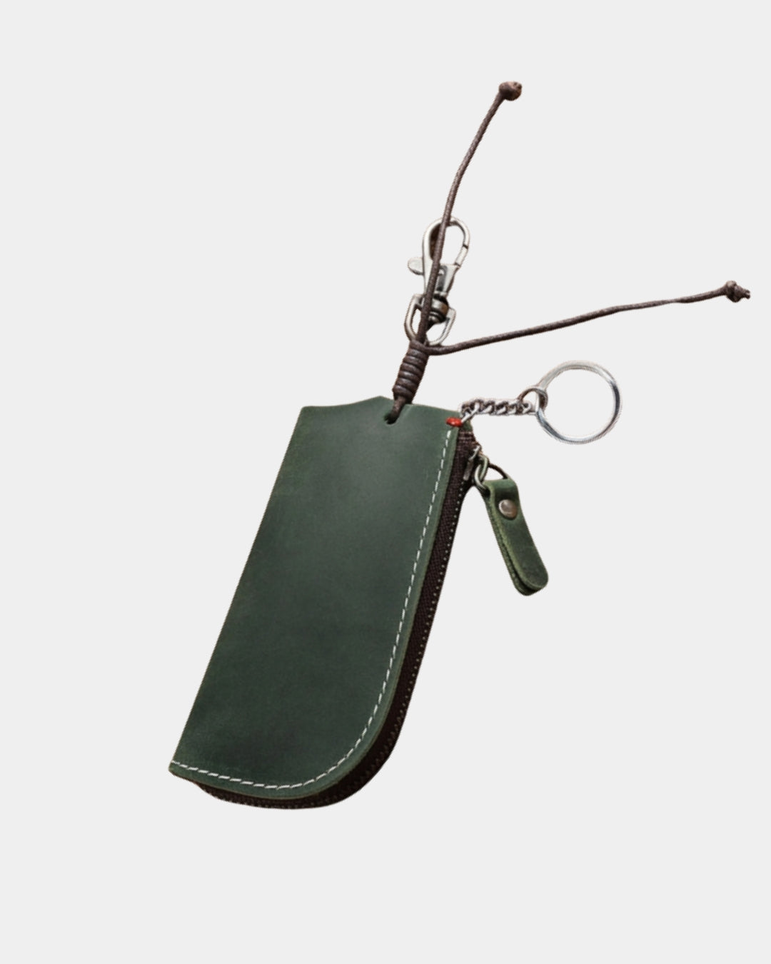 Compact green genuine cowhide leather key wallet with a zippered closure, metal key ring, and sturdy clip attachment.