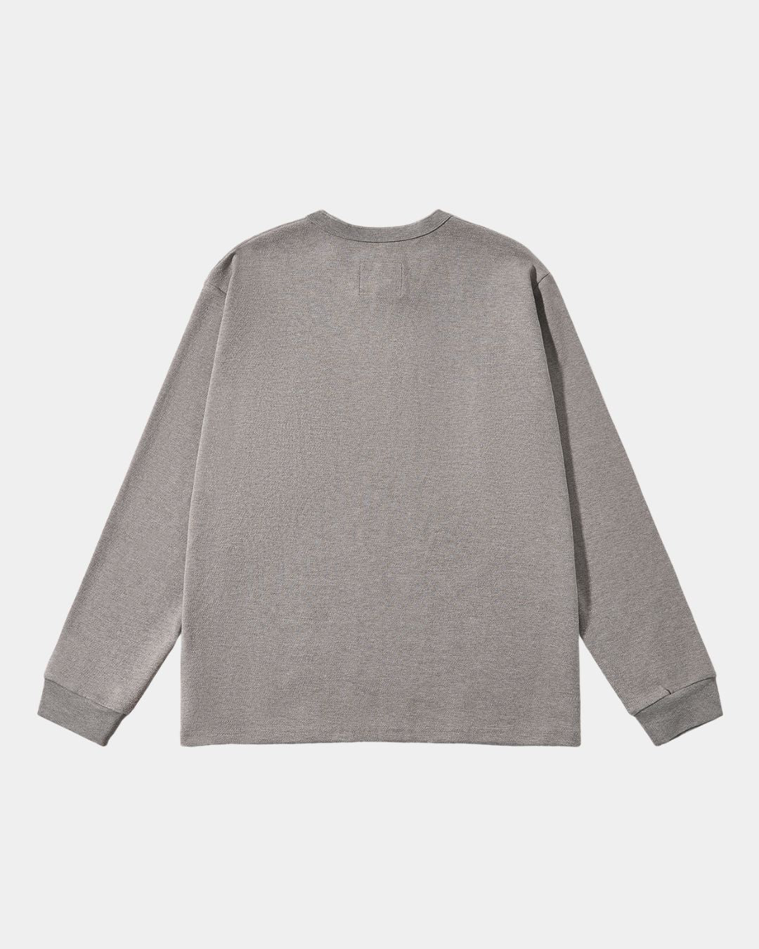 Back view of a gray heavyweight cotton long sleeve henley shirt with ribbed cuffs and a relaxed fit.