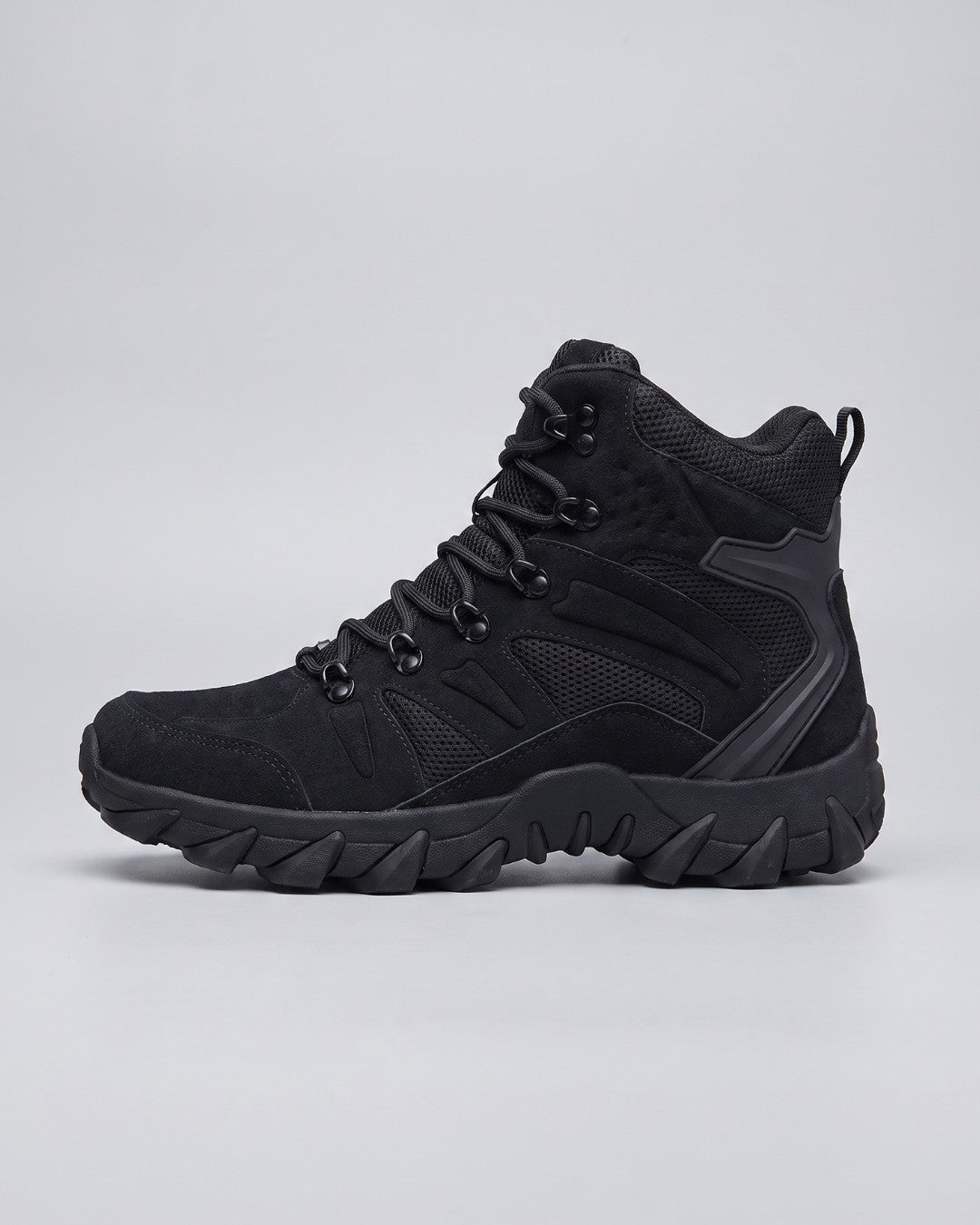 Side view of mens black hiking tactical combat boots  by Hudson & Tate.
