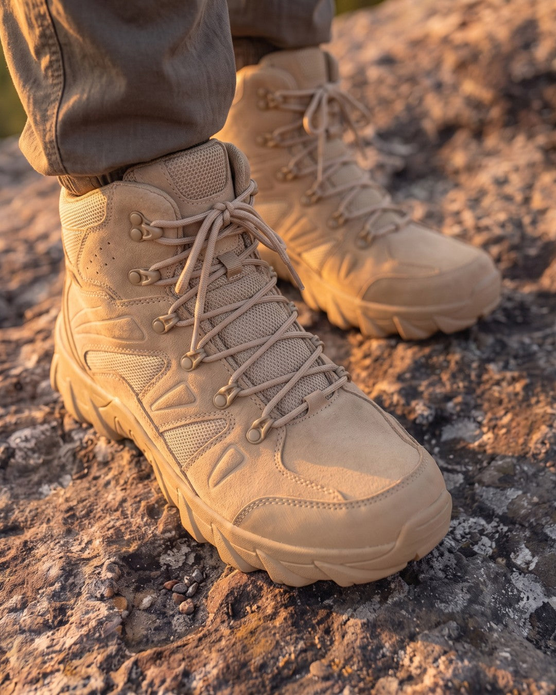 A close up of hiking tactical combat boots in a beige color by Hudson & Tate, standing on a rocky mountain peak.