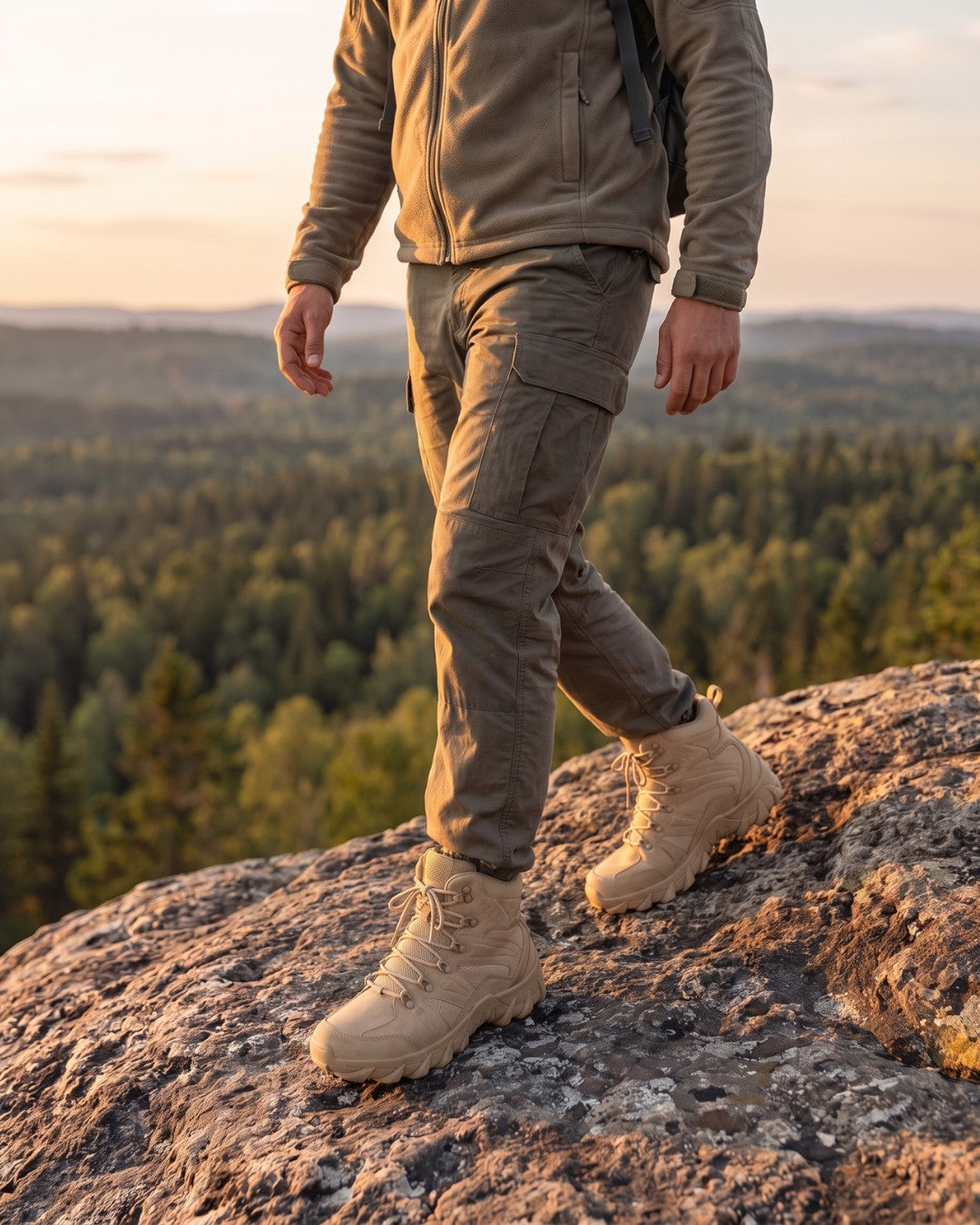 A person hiking on a rocky mountain summit at sunset, wearing hiking tactical combat boots in a beige color by Hudson & Tate.