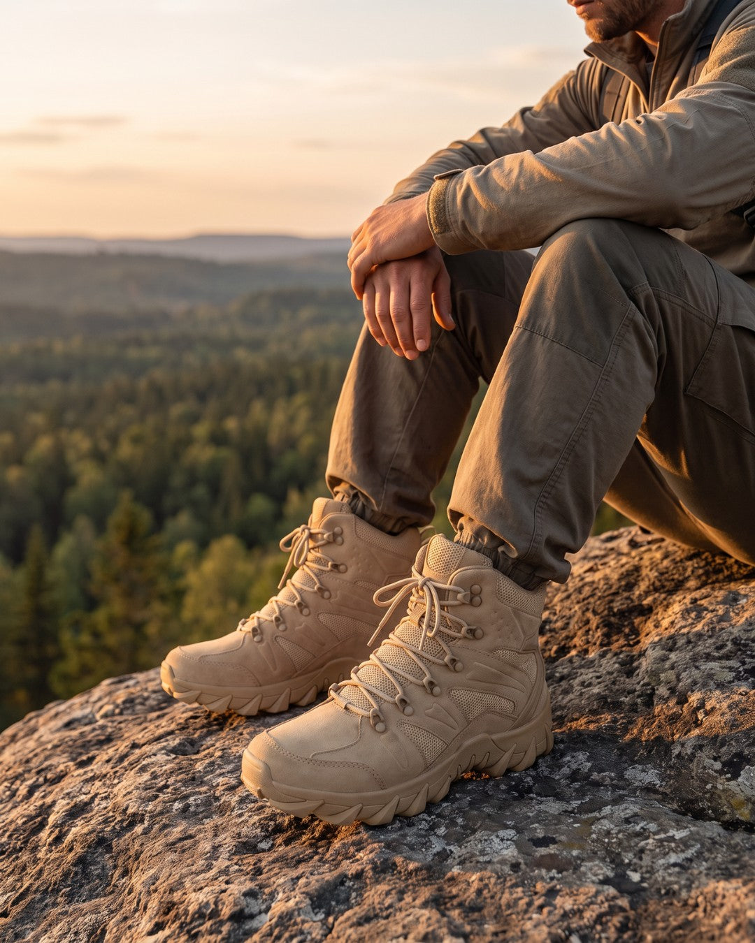 A person sitting on a rocky cliff overlooking a forested mountain landscape at sunset, wearing beige tactical combat hiking boots, olive pants, and a beige jacket.