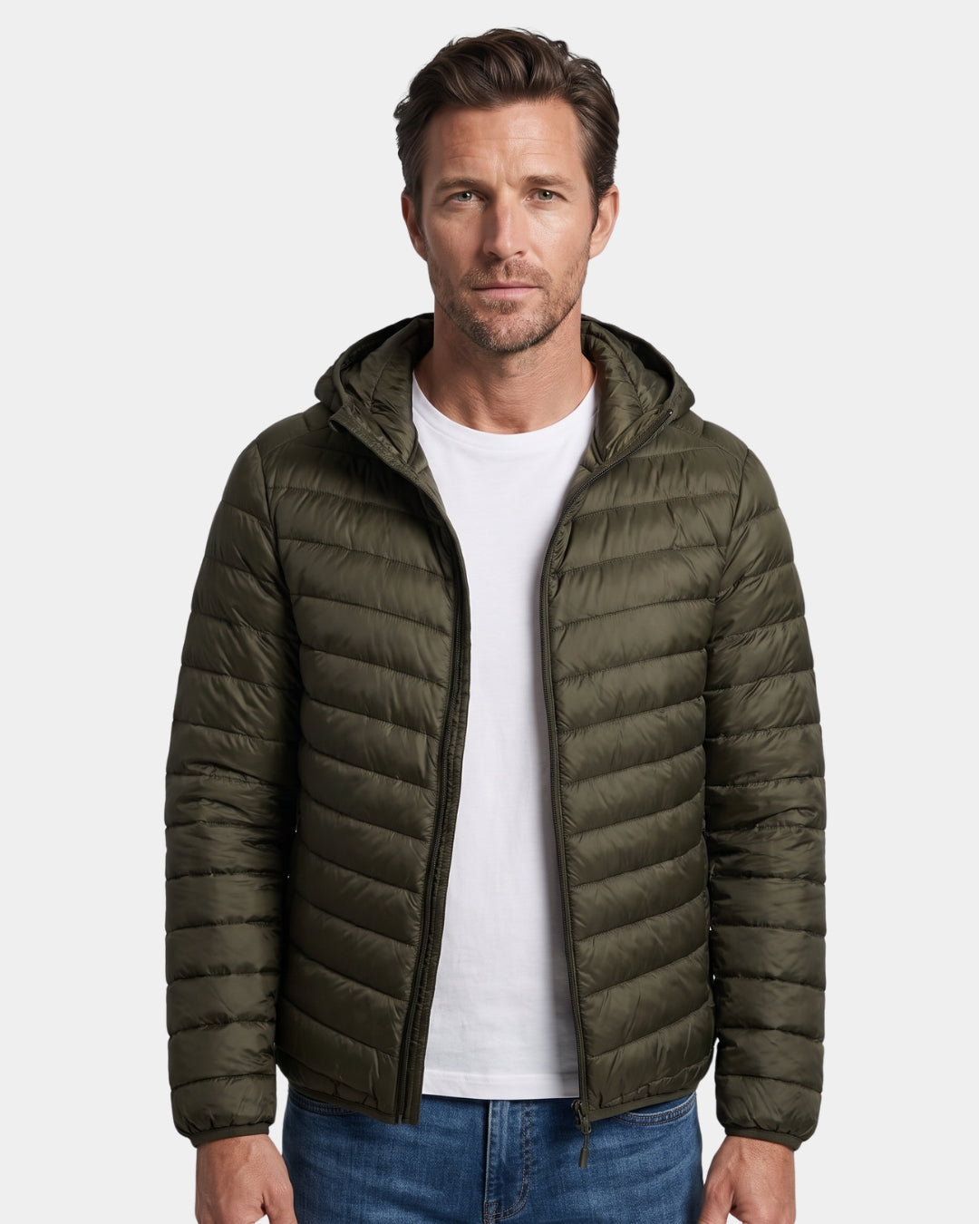 Olive green men's lightweight hooded puffer jacket with a quilted design and full-zip front.