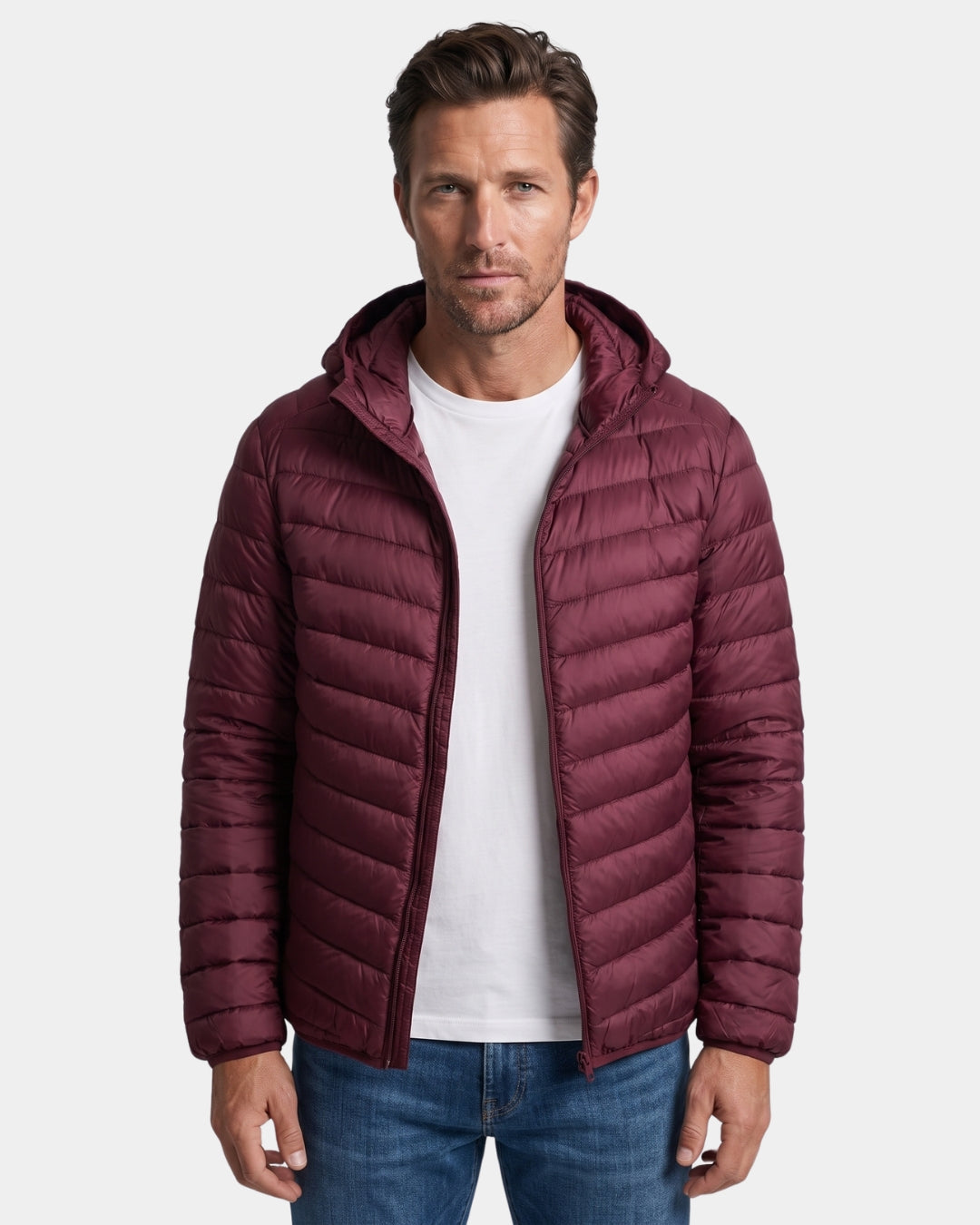 Men’s burgundy lightweight hooded puffer jacket with a quilted nylon shell and full-zip front.