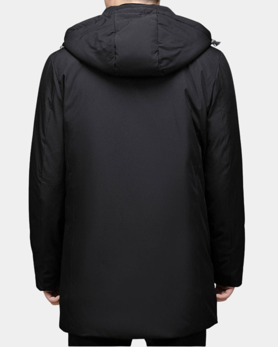 Back view of a men’s black mid-length hooded winter parka with a streamlined padded design.