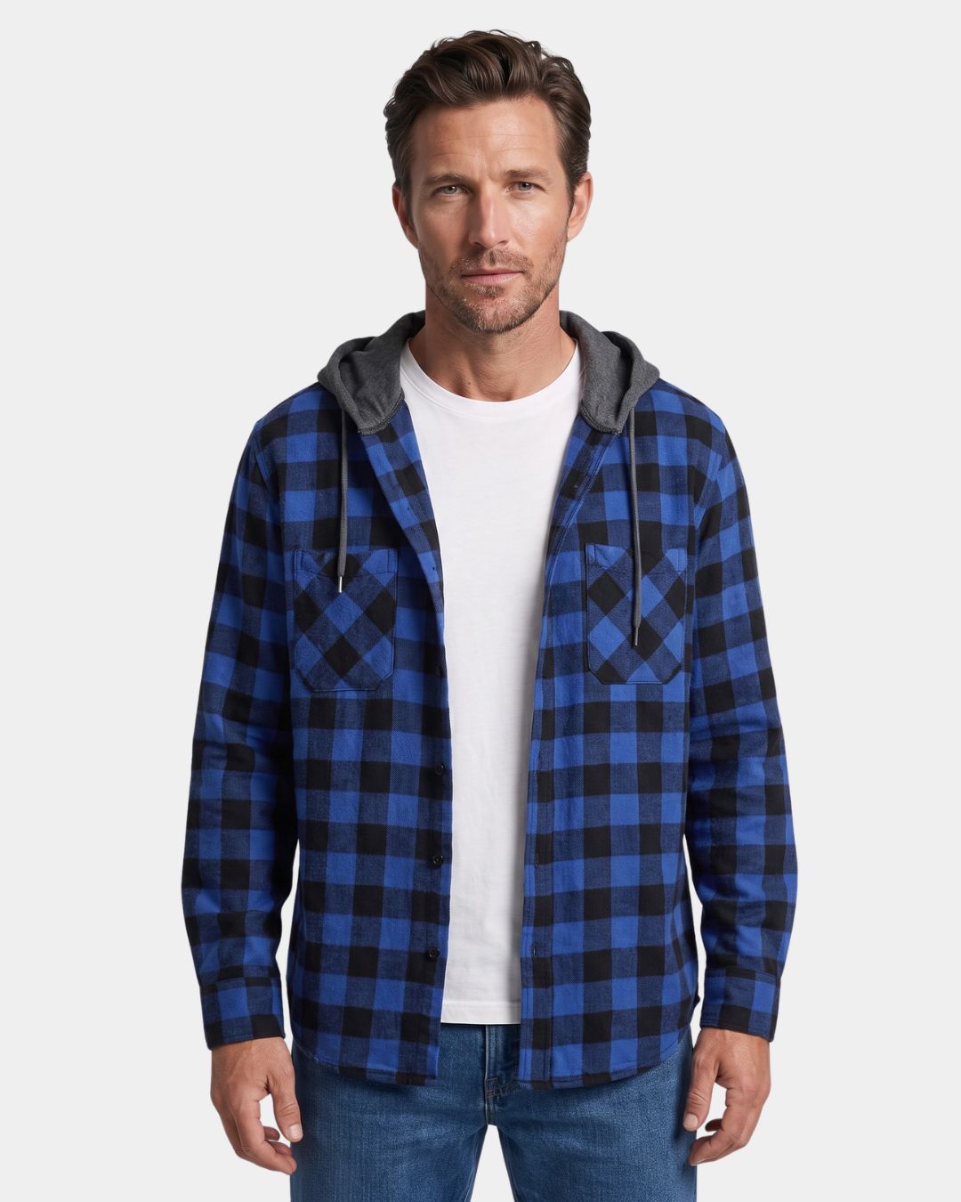 Men's blue and black plaid brushed flannel shirt featuring a grey drawstring hood and dual chest pockets.