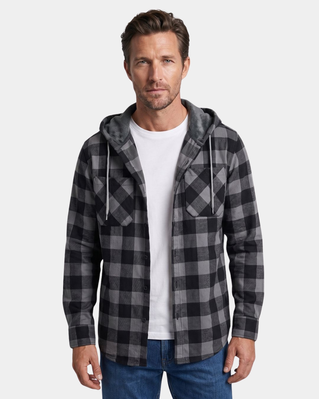 Men's grey and black plaid flannel shirt with a drawstring hood, button-front, and dual chest pockets.