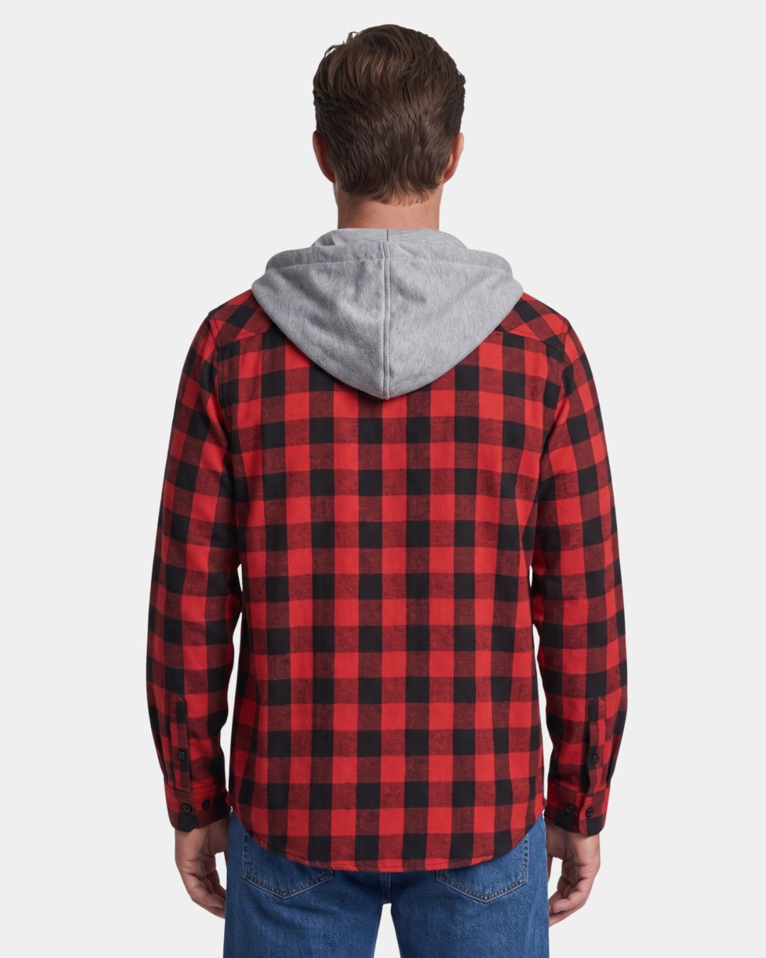 Back view of a red and black plaid flannel shirt with a grey jersey drawstring hood and long sleeves.