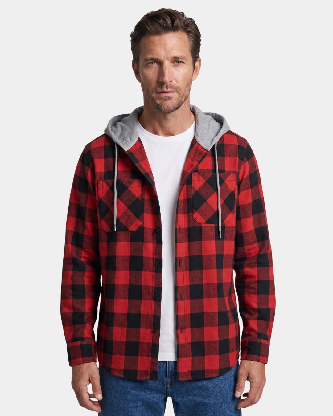Man wearing a red and black plaid flannel shirt with a grey drawstring hood and dual chest pockets.