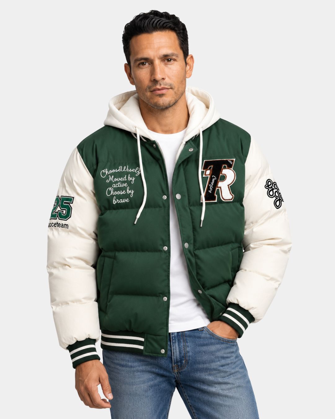 Men’s green and white hooded varsity puffer jacket with embroidered patches, snap-button closure, and striped ribbed trim.