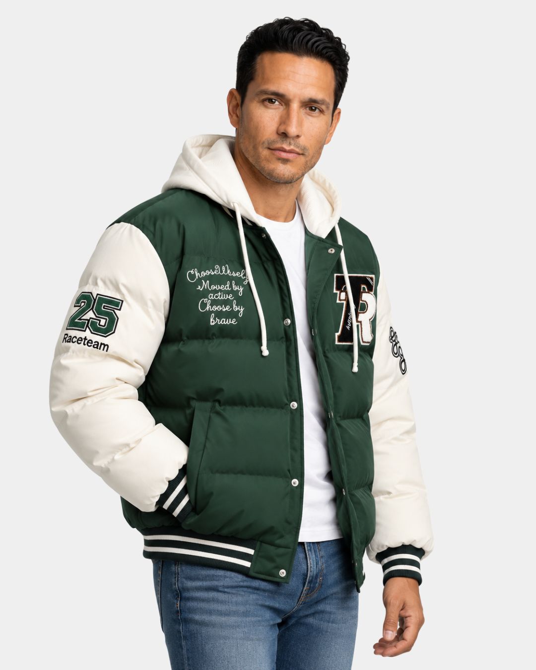 Men’s green and white hooded varsity puffer jacket with embroidered patches, striped ribbed trim, and a snap-button front.