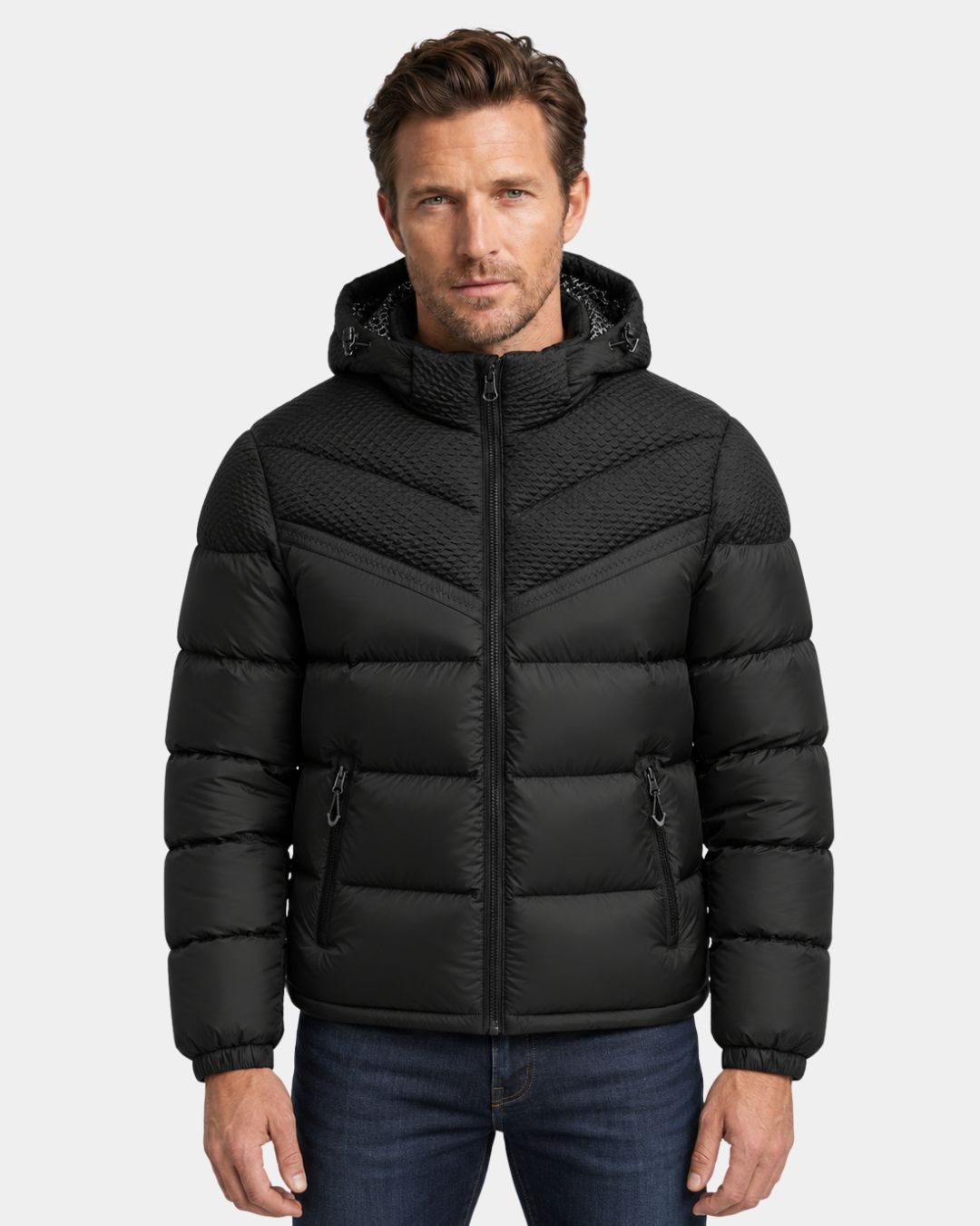 Men's black insulated puffer jacket with an adjustable hood, full-zip front, and textured upper panel detailing.