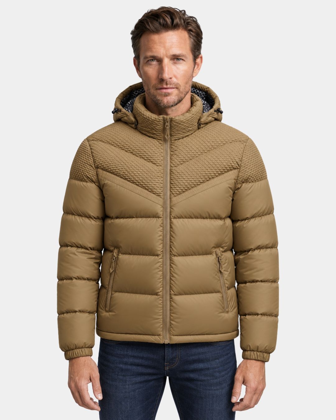 Tan men's hooded puffer jacket with textured upper panels, full-zip front, and zippered side pockets.