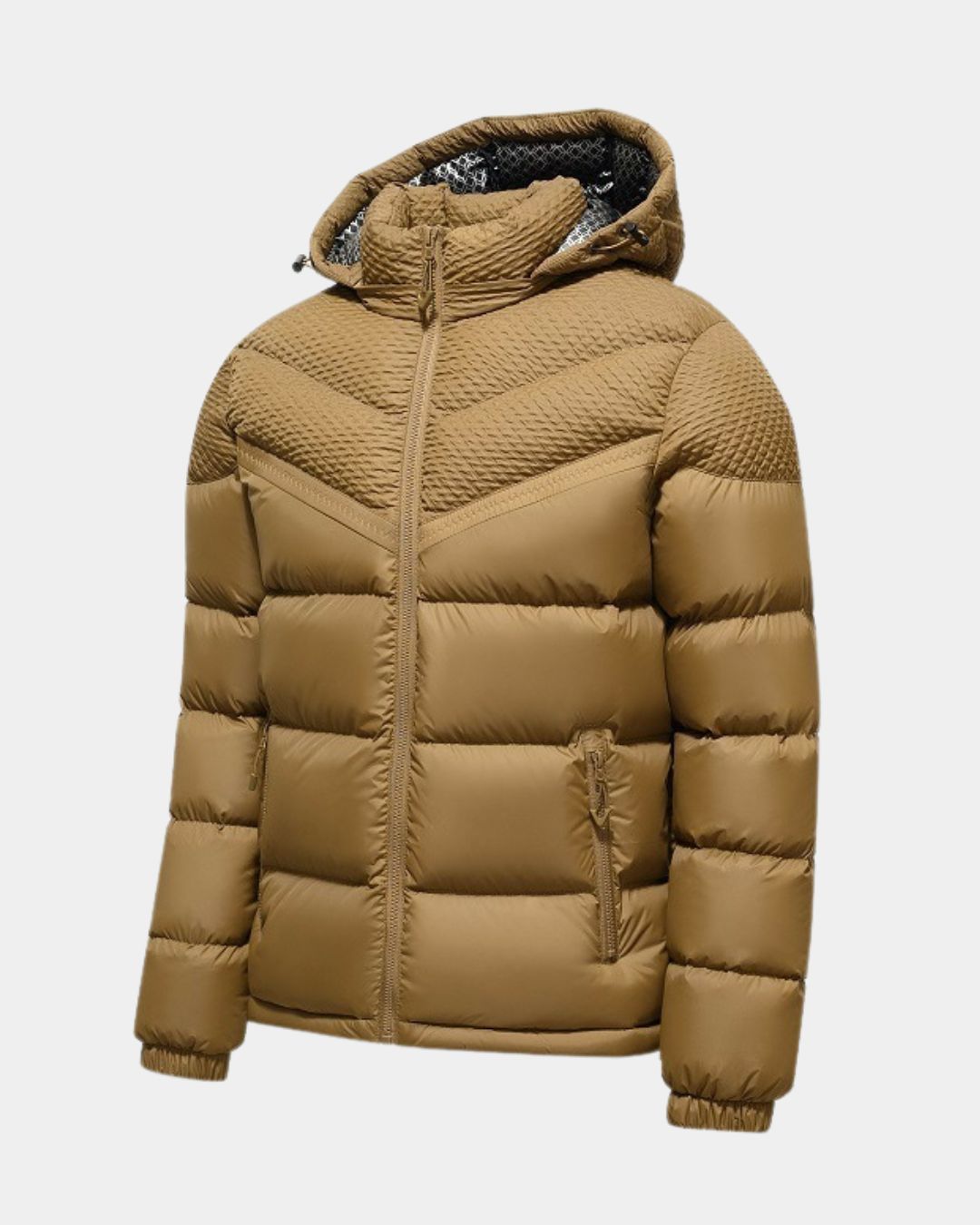 Tan men's hooded puffer jacket with textured upper panels, full-zip front, and zippered side pockets.