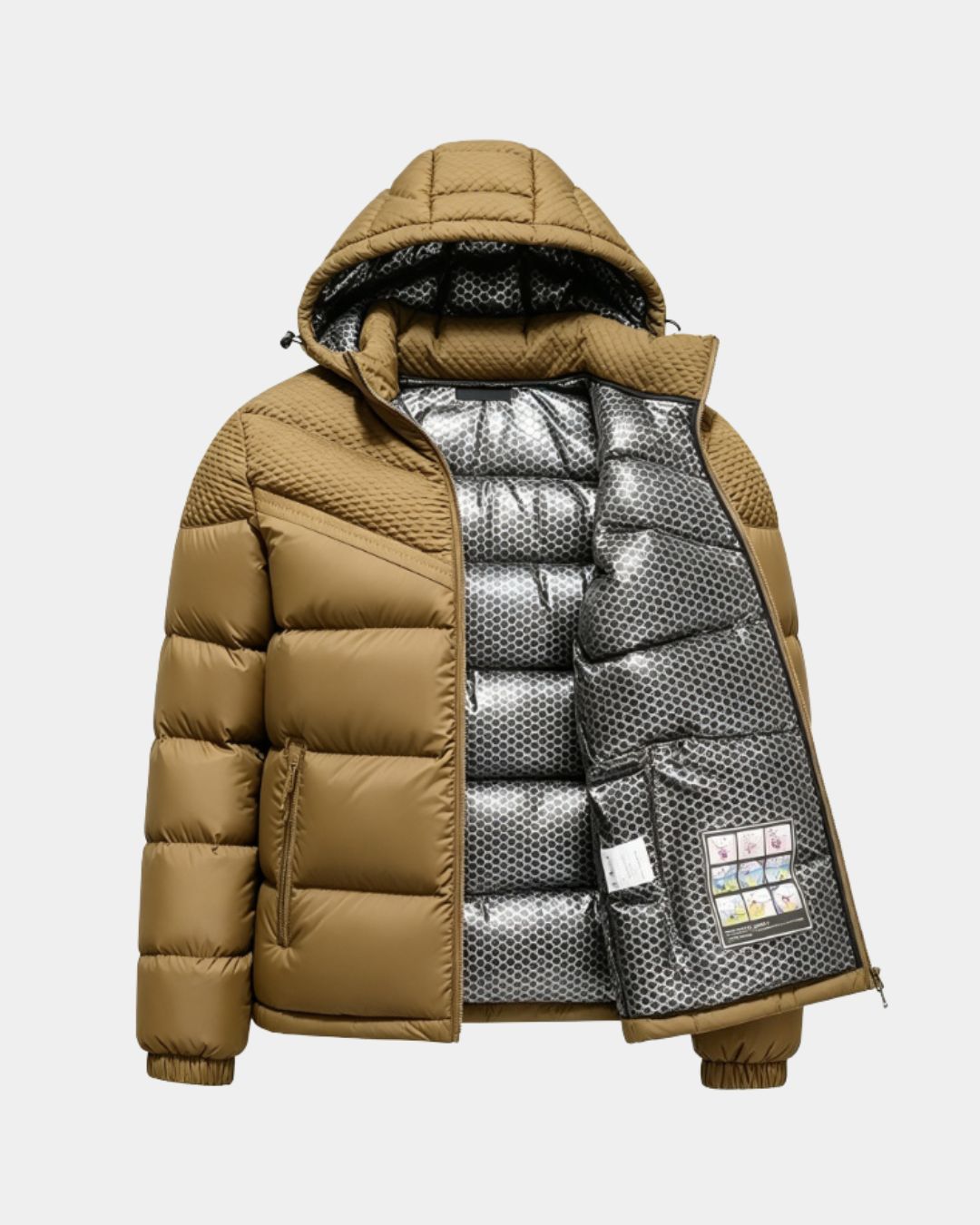 Tan hooded puffer jacket with textured upper panels and a silver insulated interior lining.