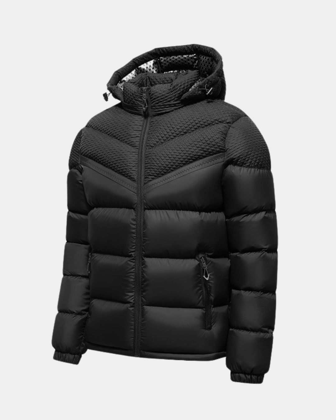 Men’s black insulated puffer jacket with an adjustable hood, full-zip front, and textured upper panel detailing.
