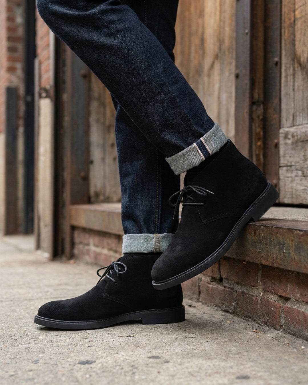 Men’s black suede lace-up chukka boots with a two-eyelet design, square toe, and durable rubber sole worn with dark denim.