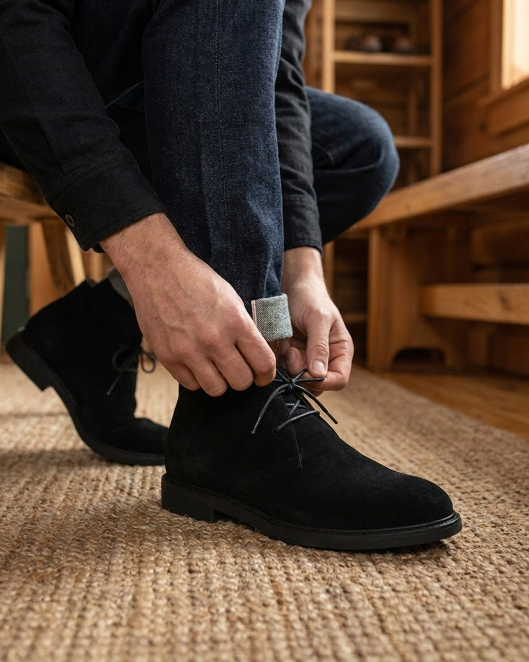 Man tying laces on black suede chukka boots with a square toe and two-eyelet design.