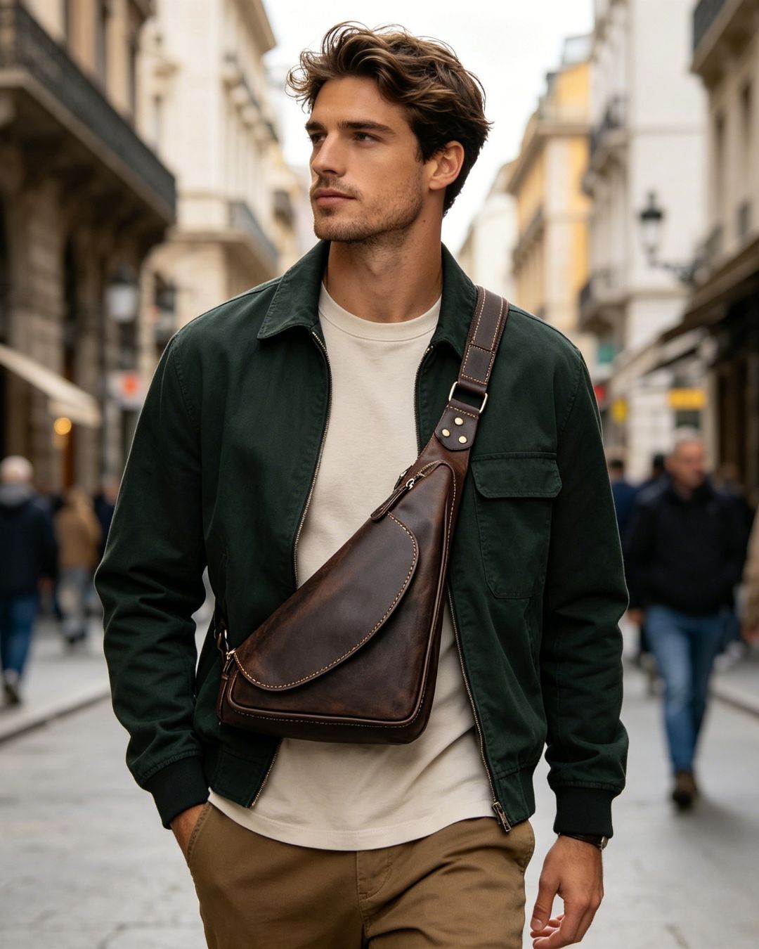 Man wearing a vintage brown leather crossbody sling bag with an adjustable strap on a city street.