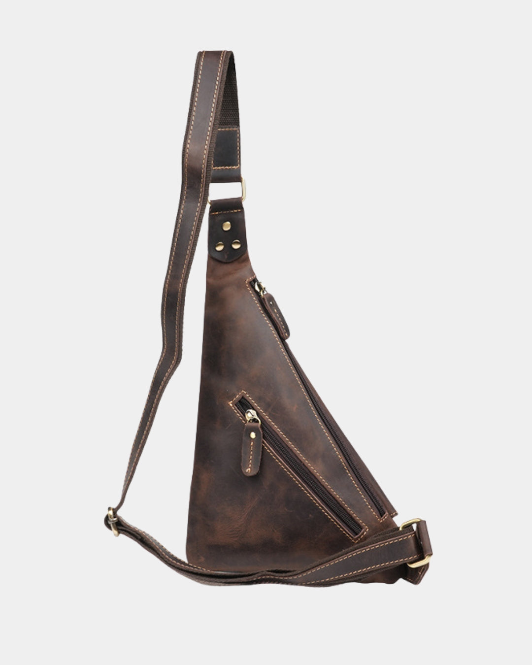 Dark brown genuine leather crossbody sling bag with a vintage finish, adjustable strap, and secure zip pockets.