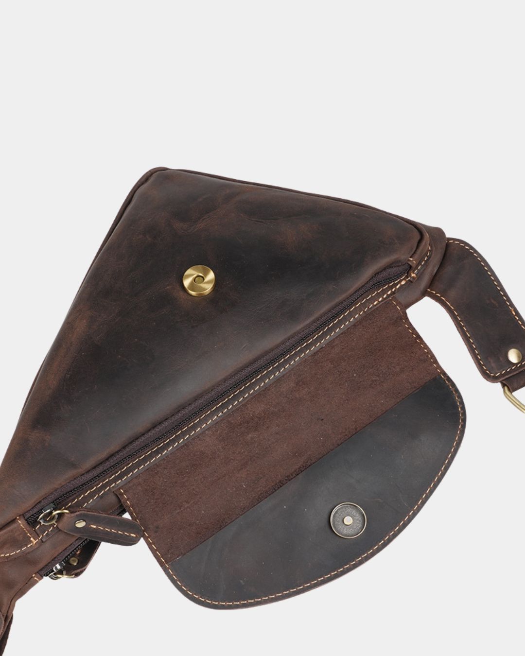 Dark brown vintage leather crossbody sling bag with a secure zip closure, magnetic snap flap, and adjustable shoulder strap.