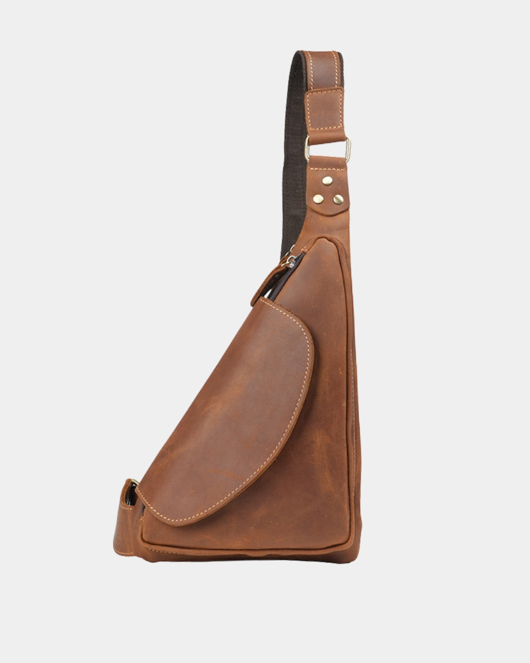 Compact brown leather crossbody sling bag with a vintage finish, secure zip closure, and an adjustable shoulder strap.