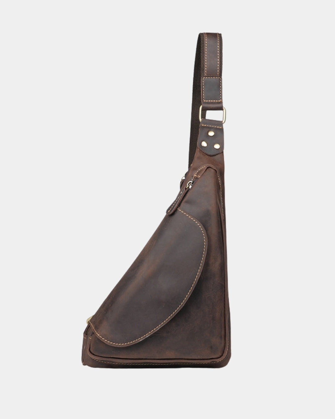 Compact brown genuine leather crossbody sling bag with a vintage finish, adjustable shoulder strap, and secure zip closure.