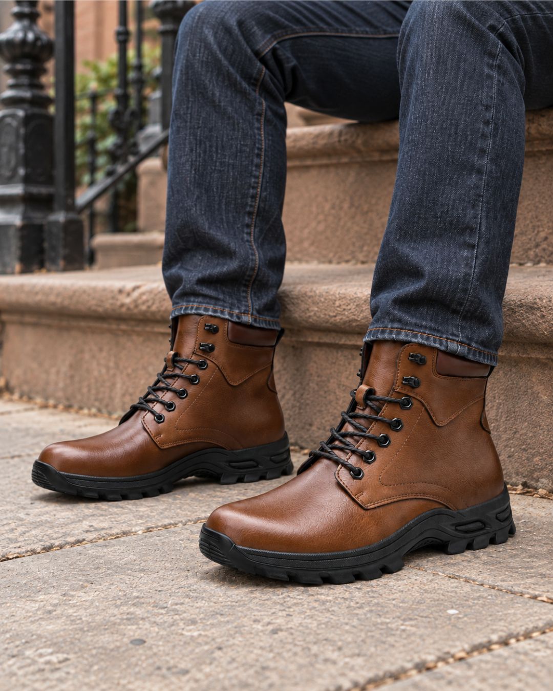 Men's brown leather lace-up combat boots with a padded collar and chunky black lug outsole worn with dark denim jeans.