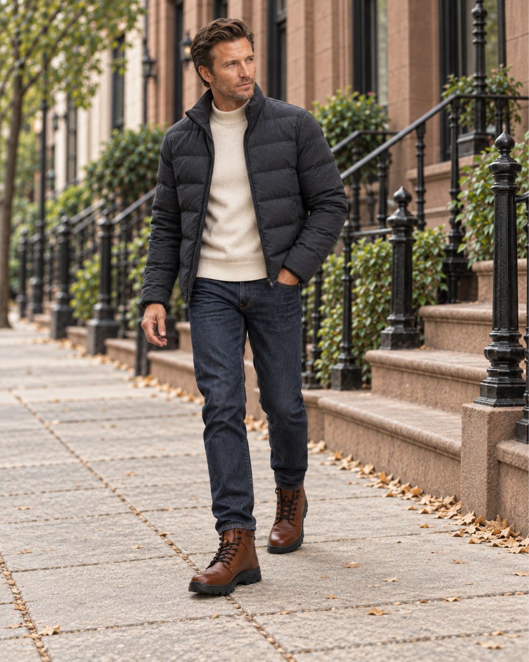 Man wearing brown cowhide leather lace-up combat boots with a chunky lug sole and padded collar on a city sidewalk.