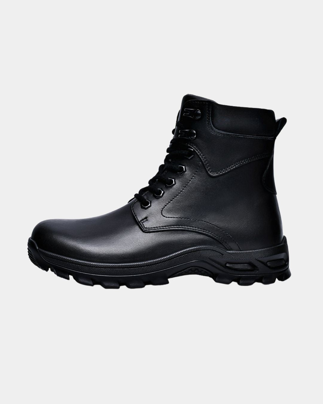 Men’s black cowhide leather lace-up combat boots with a padded collar and chunky lug rubber outsole.