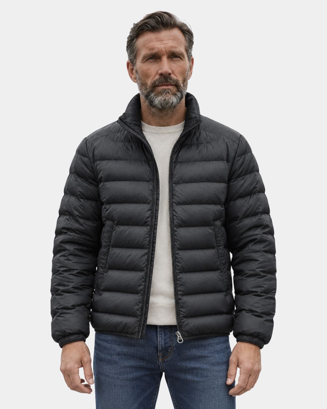 Black lightweight men’s duck down puffer jacket with a quilted design, stand collar, and full-zip front closure.