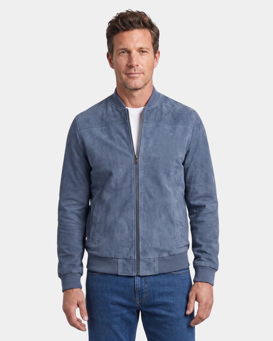 Blue lightweight fleece bomber jacket with a suede-inspired finish, stand collar, and full-zip front.