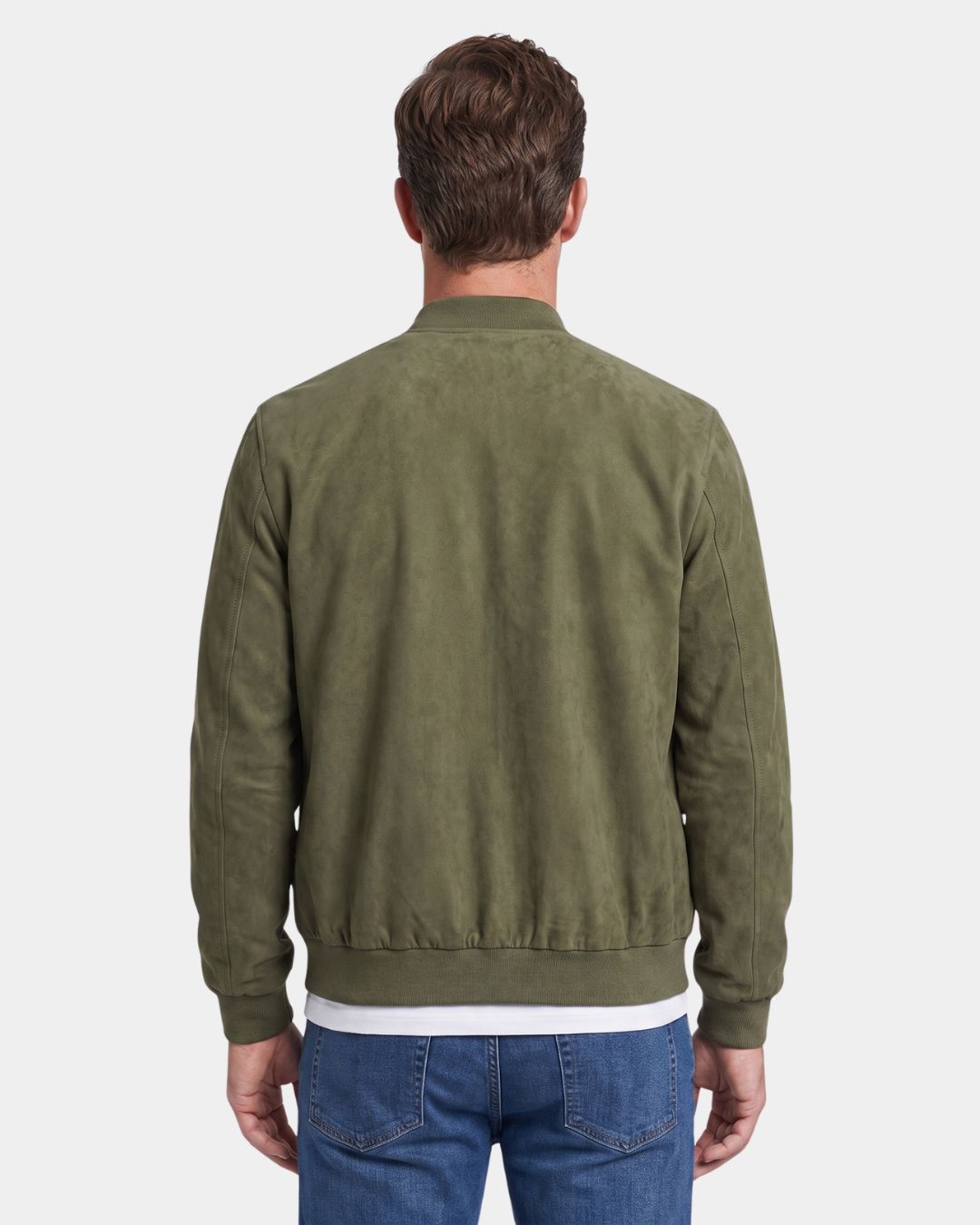 Back view of a men’s olive green lightweight fleece bomber jacket with a soft suede-like finish and ribbed trim.
