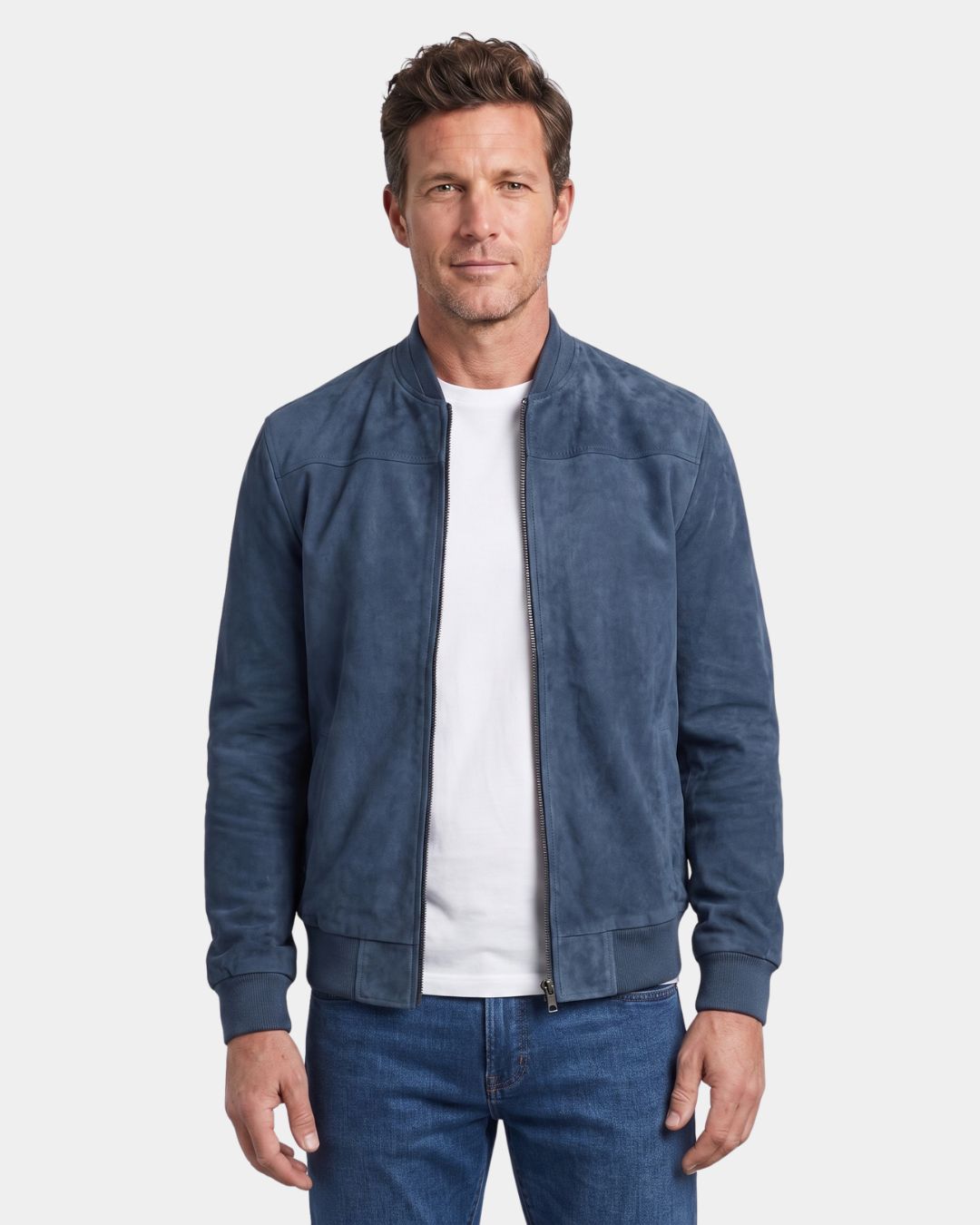 Blue lightweight fleece bomber jacket with a suede-inspired finish, stand collar, and full-zip front.
