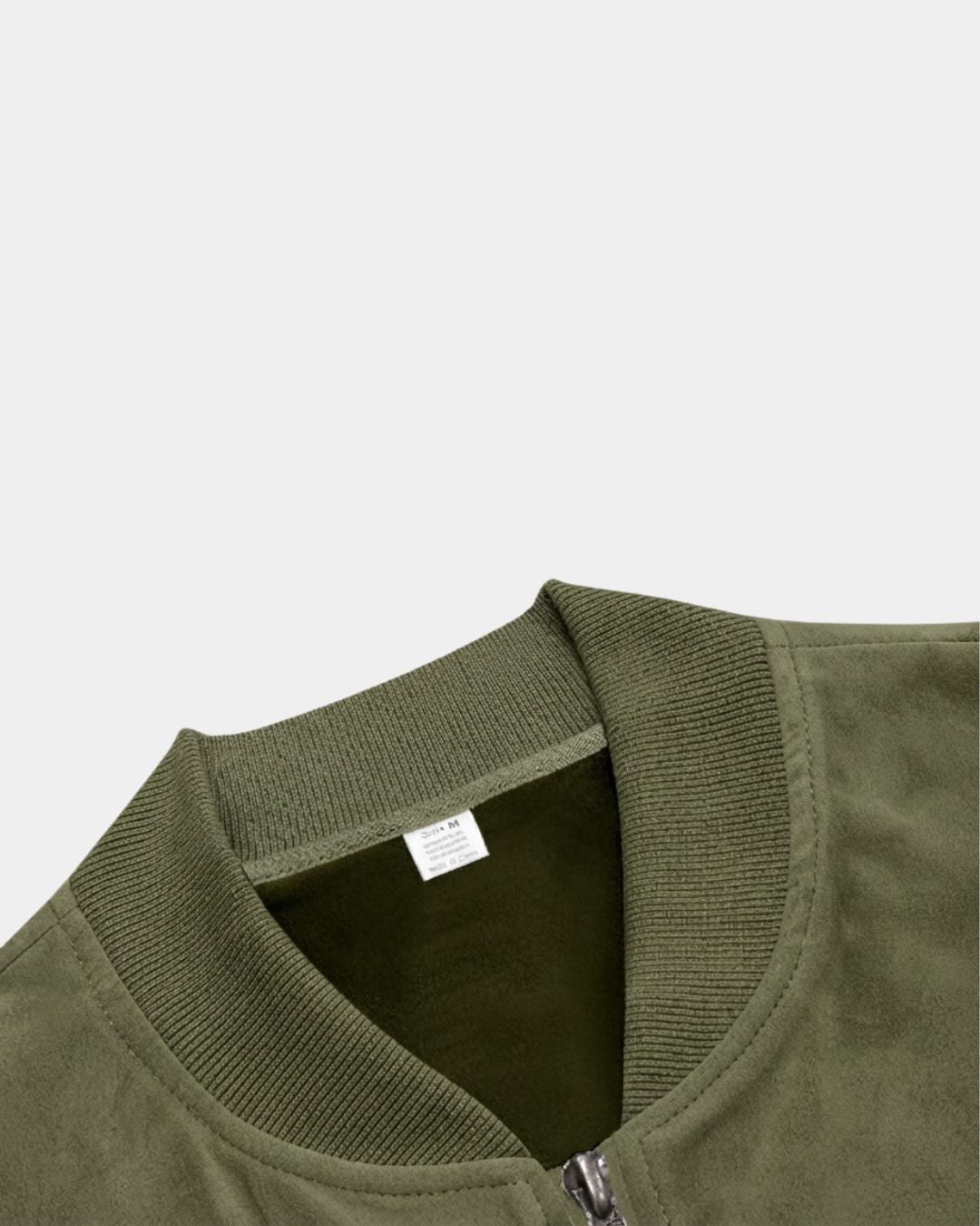 Olive green men’s lightweight fleece bomber jacket with a soft suede-inspired finish and ribbed stand collar.